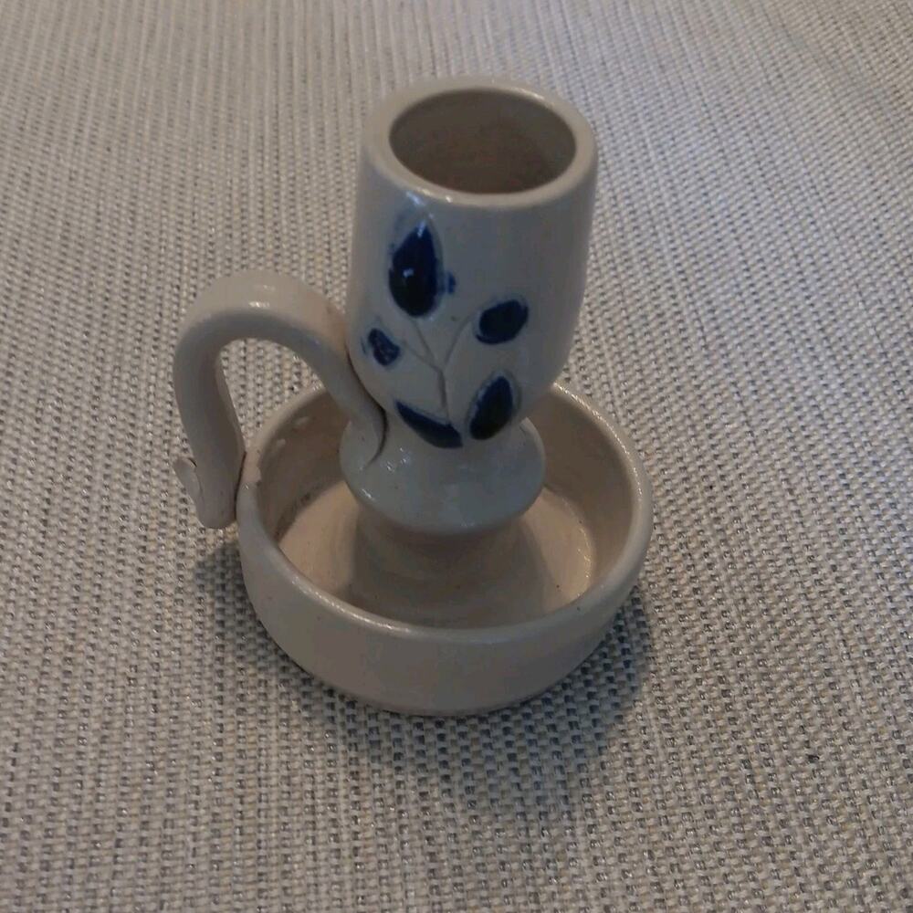 HANDCRAFTED ~ SALT GLAZE COBALT BLUE DESIGN ~ CHAMBER CANDLESTICK HOLDER ~ 3"